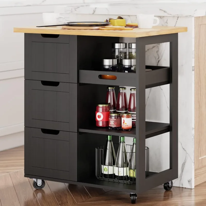 

Kitchen Island Cart with Storage,Rolling Kitchen Island Storage Cabinet,Side Table on Wheels with Worktop,3 Open Shel