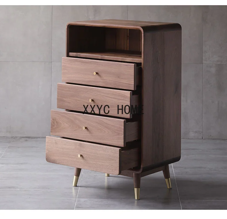 Nordic Black Walnut Five-Drawer Wooden Chest of Drawers Cabinet Solid Wood Side Cabinet Japanese Storage Cabinet Bedroom