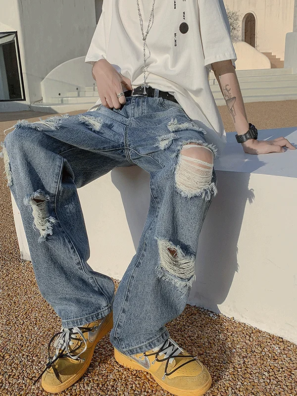 

American High Street Men's Summer Faion Straight Leg Jeans Hole Punching Street Sle Casual Loose Fit Long Pants