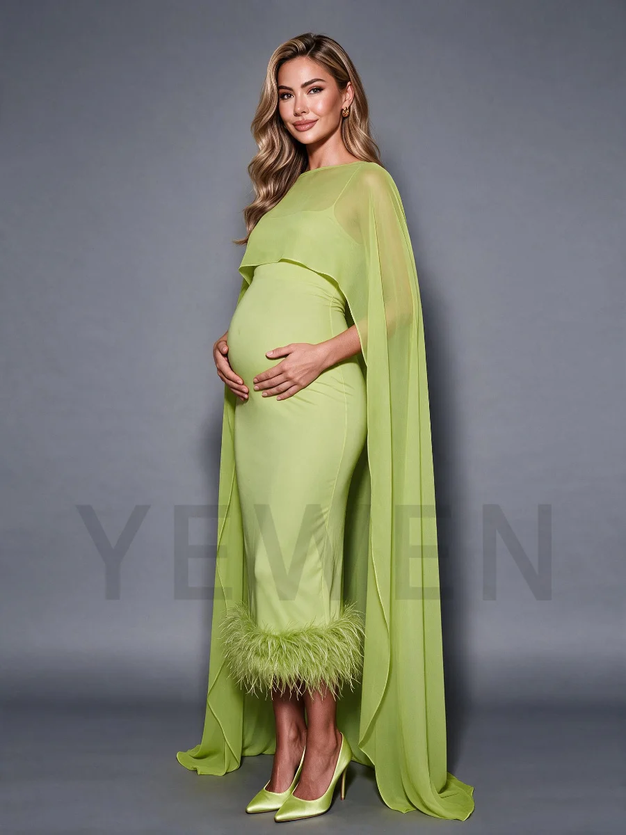 Green Ostrich Feather Hem Maternity Baby Shower Dress with Flowing Cape Pregnancy Dress Photo Shoot YD260835 view 3