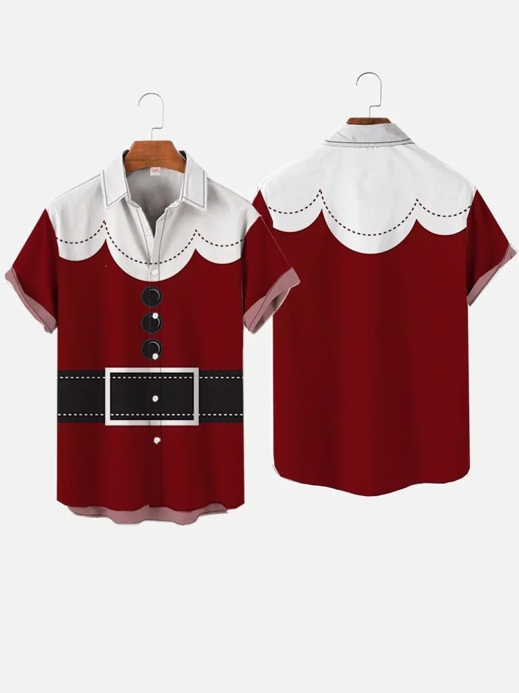 Red And White Stitching Santa Claus Cartoon Costume Printing Short Sleeve Shirt 3D Printed Christmas Shirt Men's Hawaiian Shirt