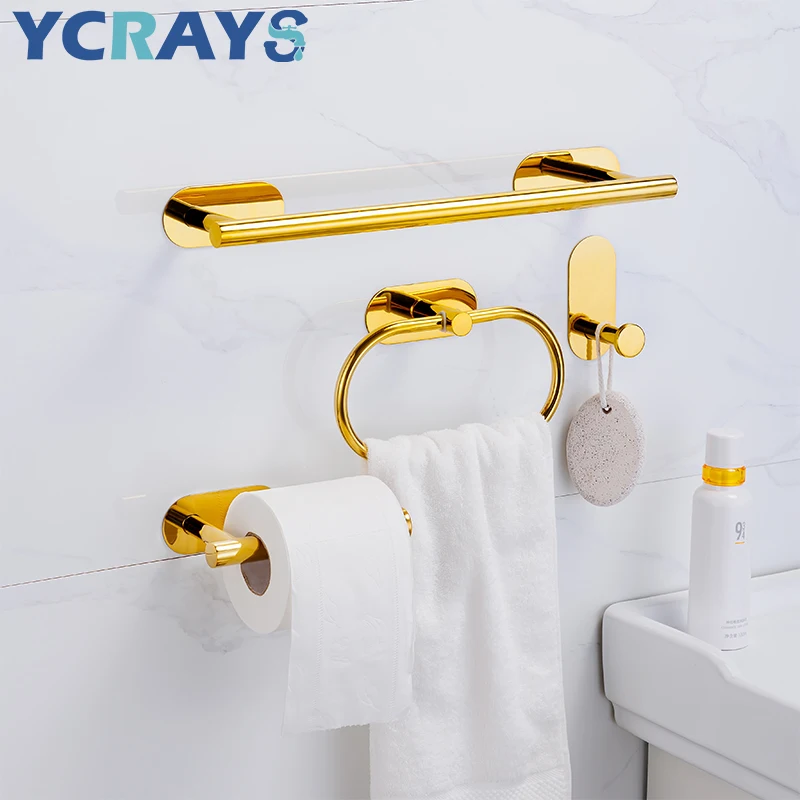 YCRAYS No Drilling White Bathroom Accessories Sets Toilet Tissue Roll Paper Holder Towel Rack Bar Rail Ring Robe Hook Hardware