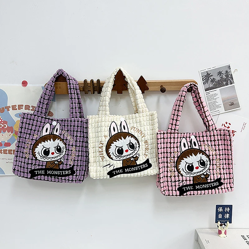 Cute Cartoon Labubu Plaid Handbag Versatile Casual Shopping Student Storage Bag Girl Heart Cosmetic Bag Fashion Accessories Gift