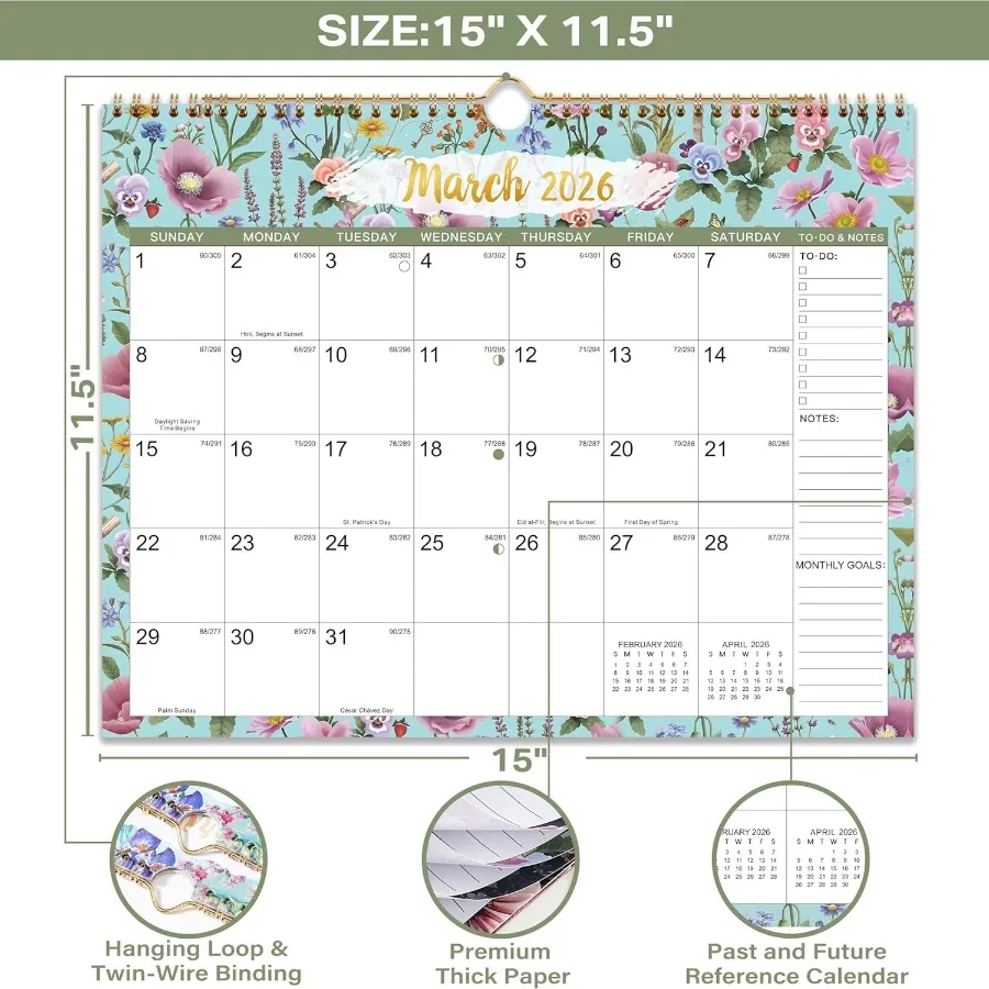 تقويم حائط 2026 تقويم 2026 يناير 2026 ديسمبر 2026 15 بوصة × 11.5 بوصة 12 تقاويم حائط شهرية مع كتلة يومية ورق سميك معلق H