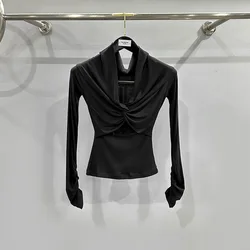 24SS New Style Women Black Bottom Shirts Spring and Summer Sexy Long Sleeve Knit  Waist-skimming Twisted Bottom