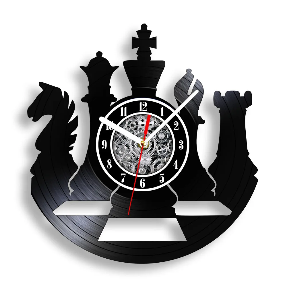 Chess Vinyl LP Record Wall Clock for Game Room Office Bedroom Home Decor Watch King and Queen Checkerboard Retro Artwork Clock