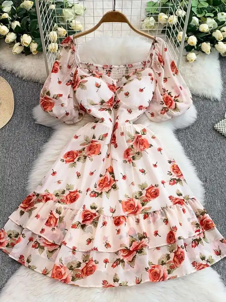 Vestido curto vintage francês feminino, estampa rosa, gravata quadrada, almofada no peito, vestidos de praia, verão, em camadas, robe curto