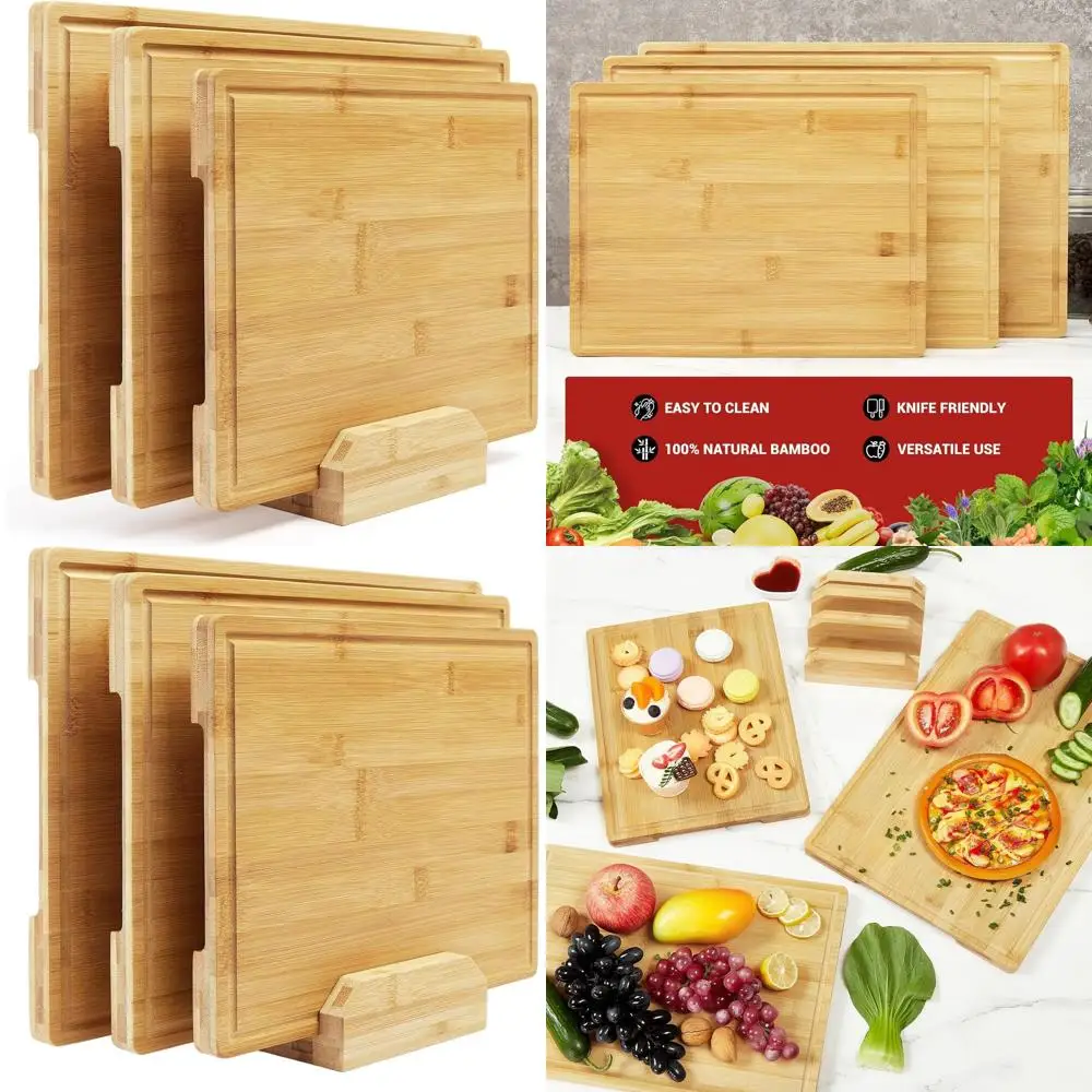 

Набор бамбуковых кухонных разделочных досок с держателем, идеально подходит для приготовления еды и сервировки, судочных принадлежностей и измельчения