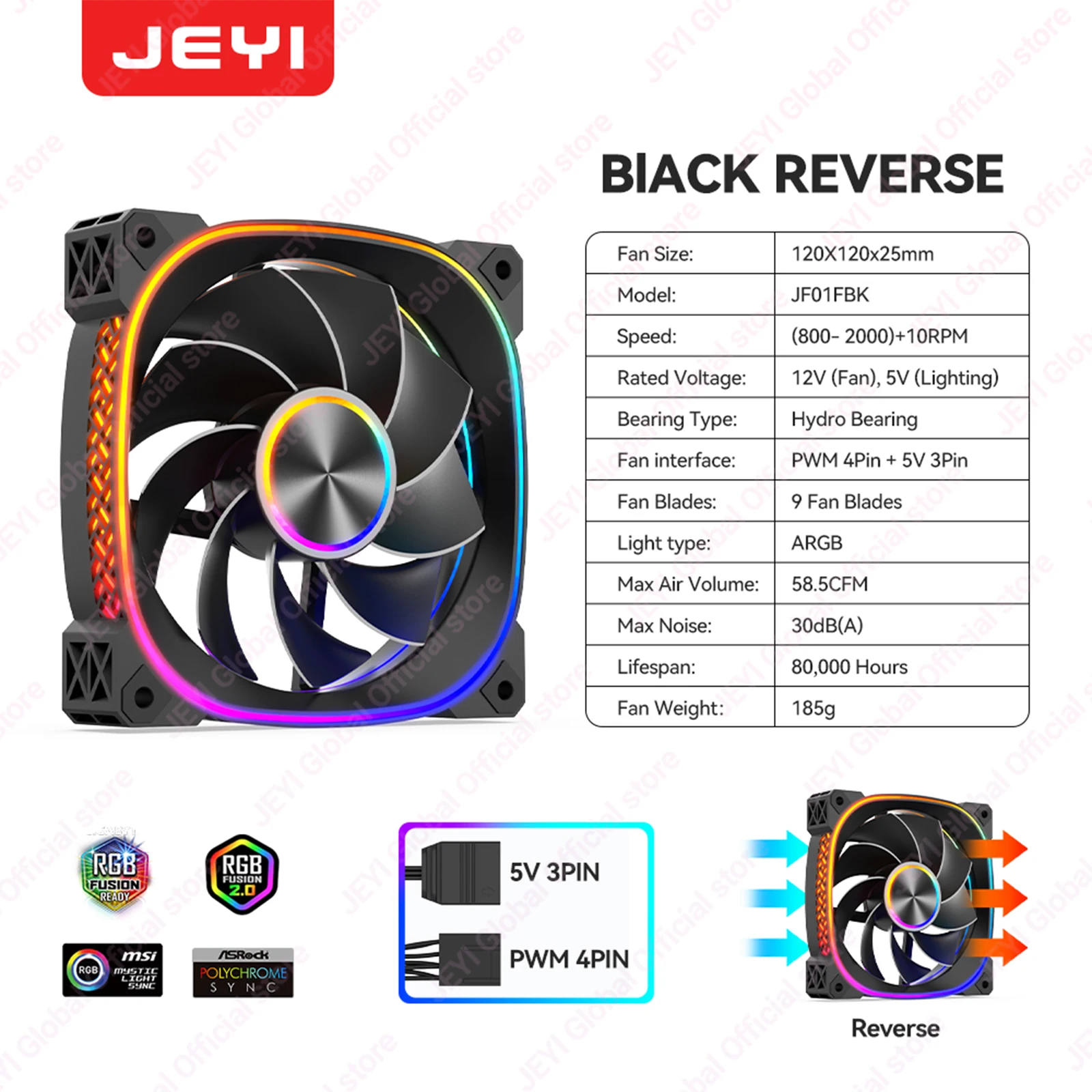 JEYI 120MM PC-ventilator ARGB koelventilator PWM ventilatoren 30dB(A) geluidsarme Divine Light synchrone 5V3Pin kastkoeler ventilator voor gaming PC-kast