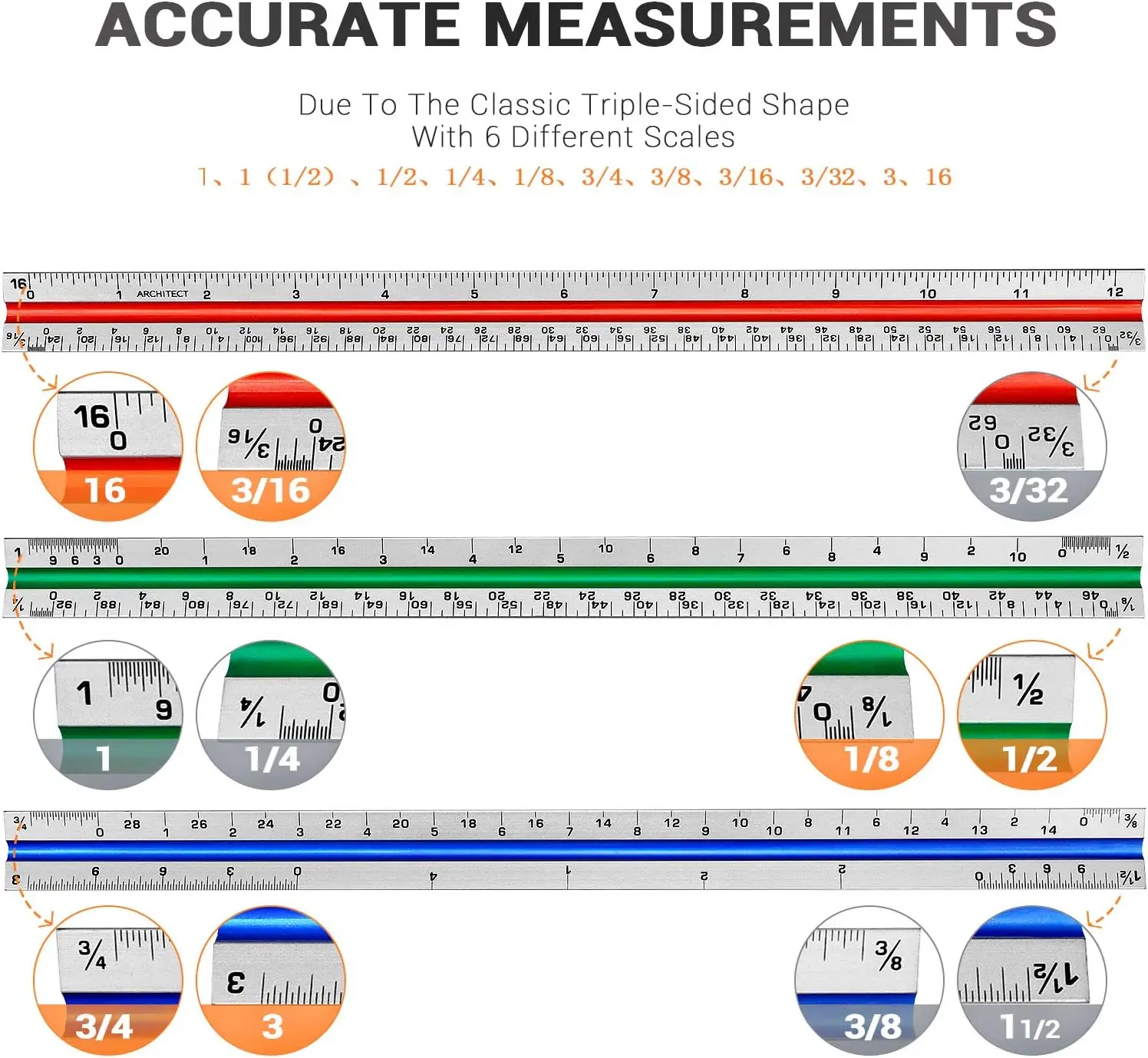 Dreieckiges Maßstabslineal aus Aluminium für Architekten, Zeichner, Studenten und Ingenieure, farbcodiert (1 Packung)