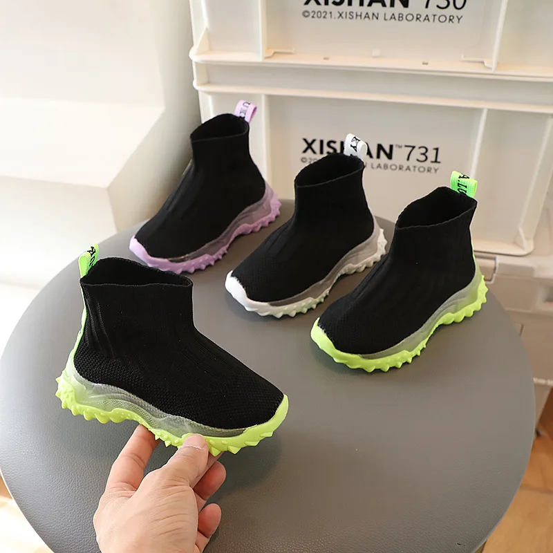 

Kids Knitted Sock Shoes Fashion High Top Breathable Sneakers for Boy Girl Slip on Ankle Boots Non-slip Casual Sports Shoes Tenis