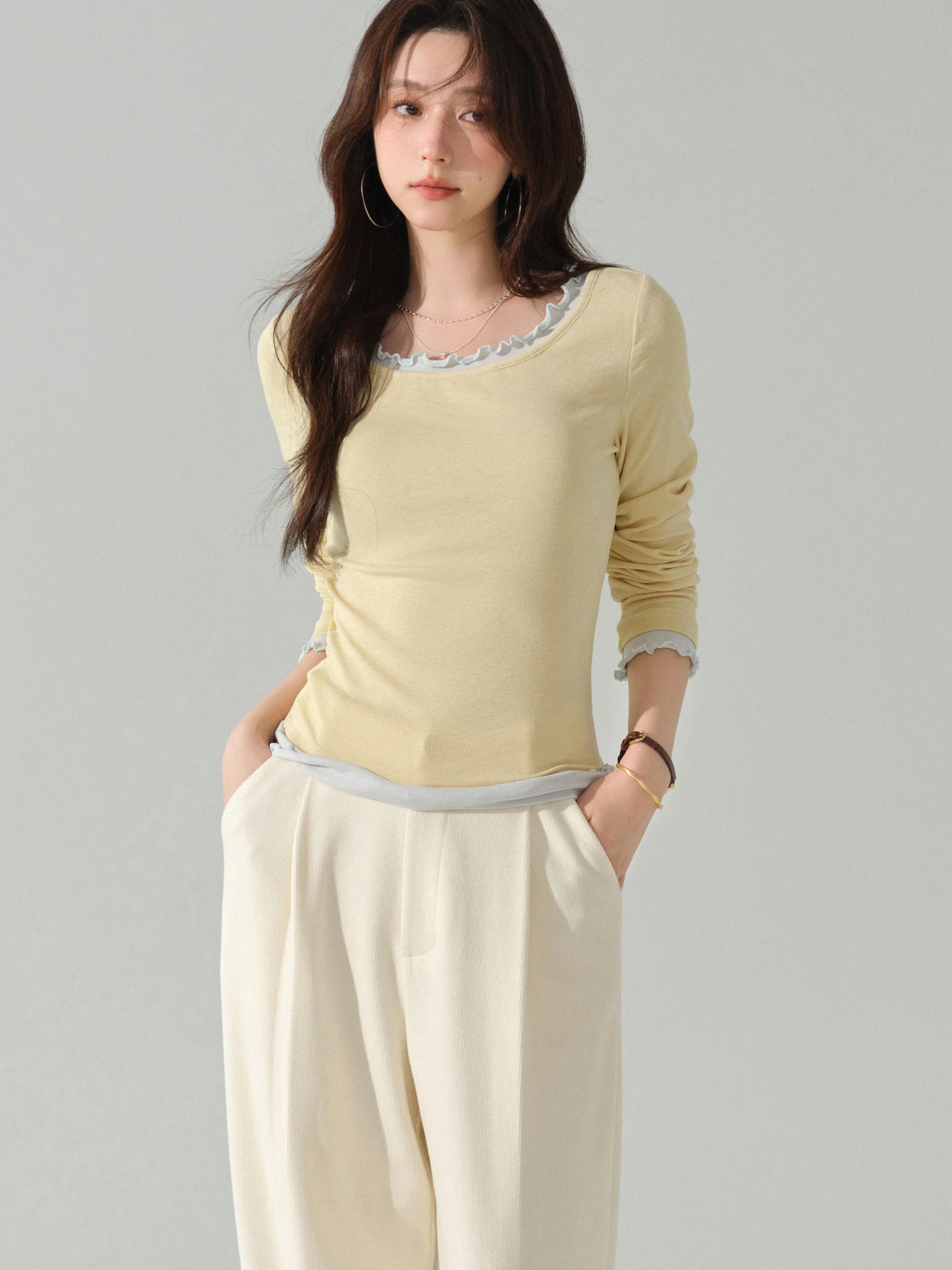 Elegante contraste guarnição em camadas manga longa camiseta feminina macio fino crewneck malha topo casual outono camada base blusa uso diário