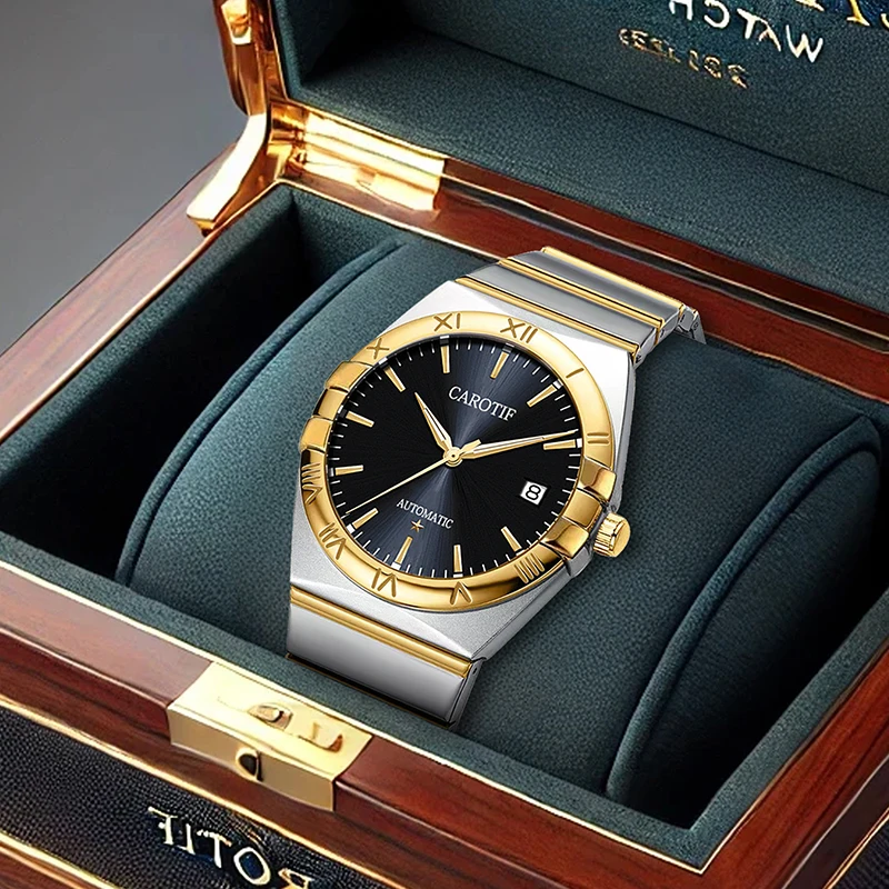 

Мужской стильный деловой календарь с заклепками на золотом стальном ремешке - полностью автоматические механические часы.