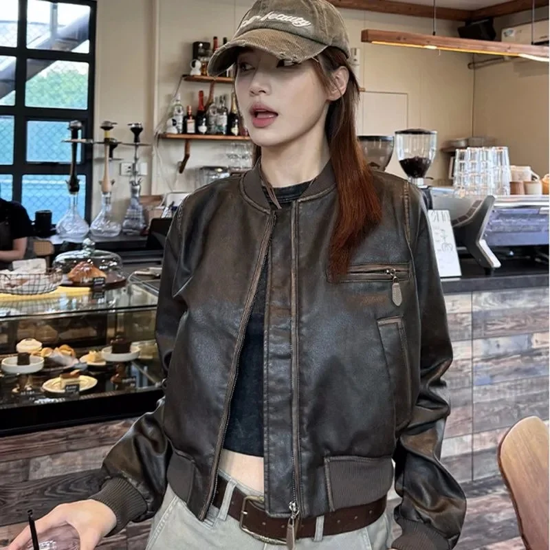 

Retro Femme Short PU Leather Outwear Spring Autumn Women Long Sleeves Faux Leather Coat Ladies Fashion Round Neck Leather Jacket
