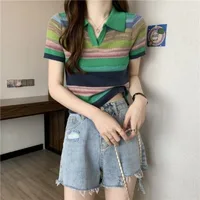 Ice Silk Knitted T-shirts Sexy Crop Top Pretty Short Sleeve Striped Women's Polo Korean Popular Clothes Casual Lapel Female Tee - Image 6