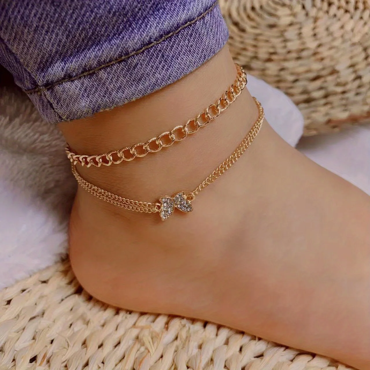 Butterfly Shape Chain Anklet Inlaid Shiny Rhinestones Double Layers Casual Ankle Bracelet