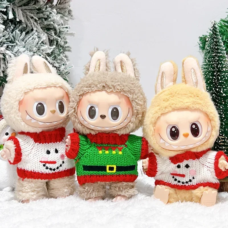 For 17cm cute mini Labubu Doll Clothes Christmas Sweater Set With Hat Scarf  Labubu Clothes Ropa Labubu