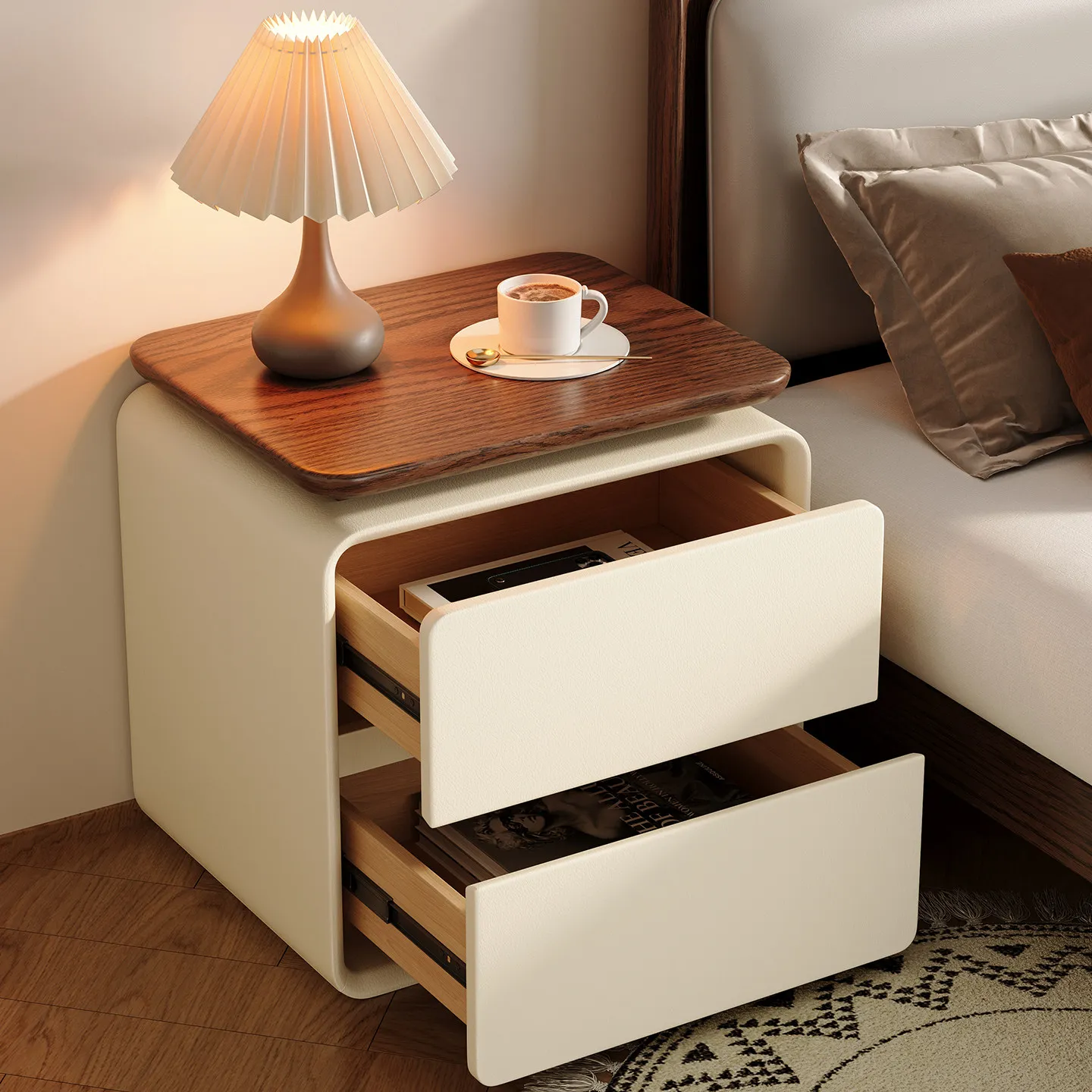 Modern Minimalist 2-drawer Cat-scratch-resistant Leather Solid Wood Bedside Table for Bedroom or Living Room Corners
