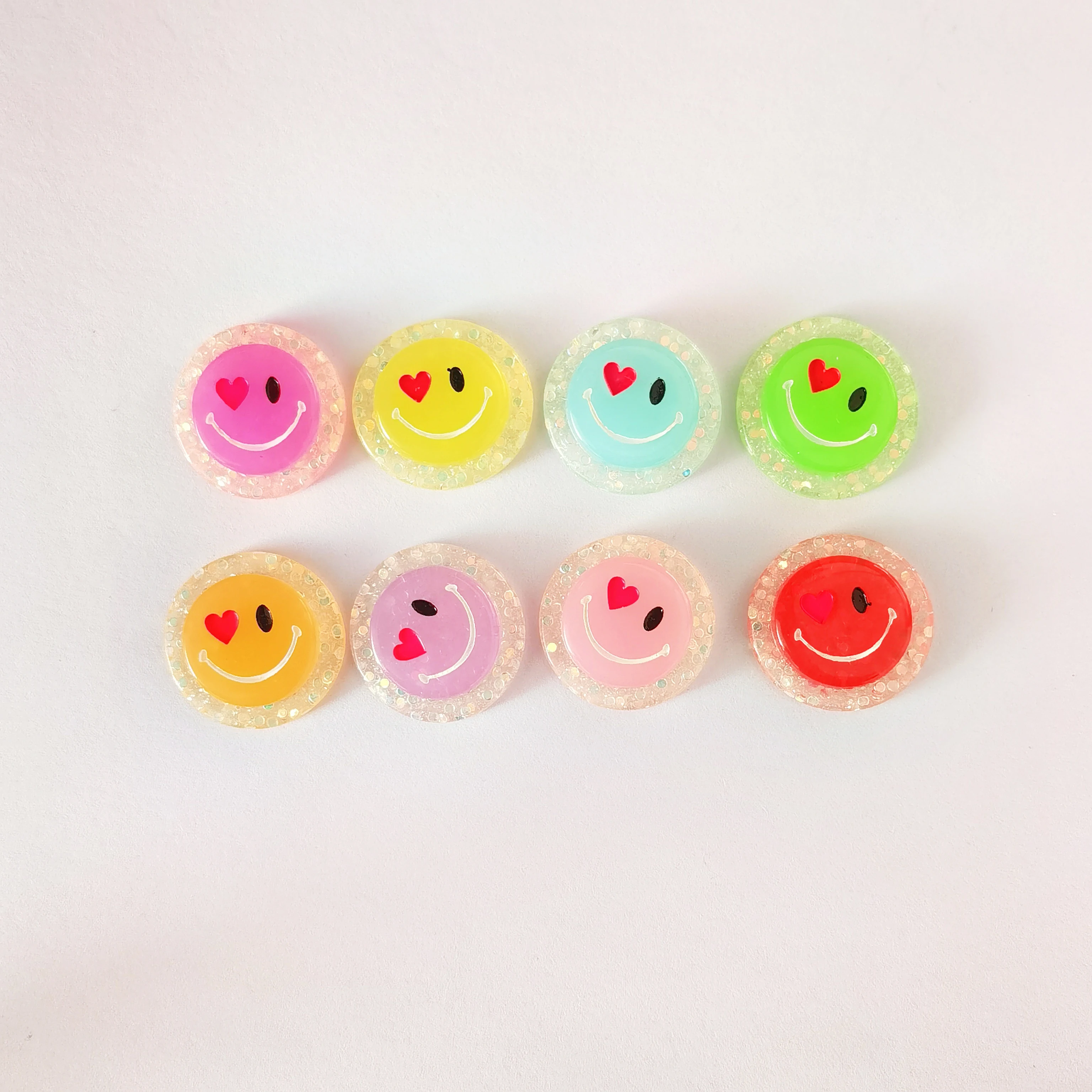 Kawaii Glitter Round Smile Flat Back Resin Cabochon Scrapbooking Crafts Hair Bows Accessories DIY Phone Case Decoration