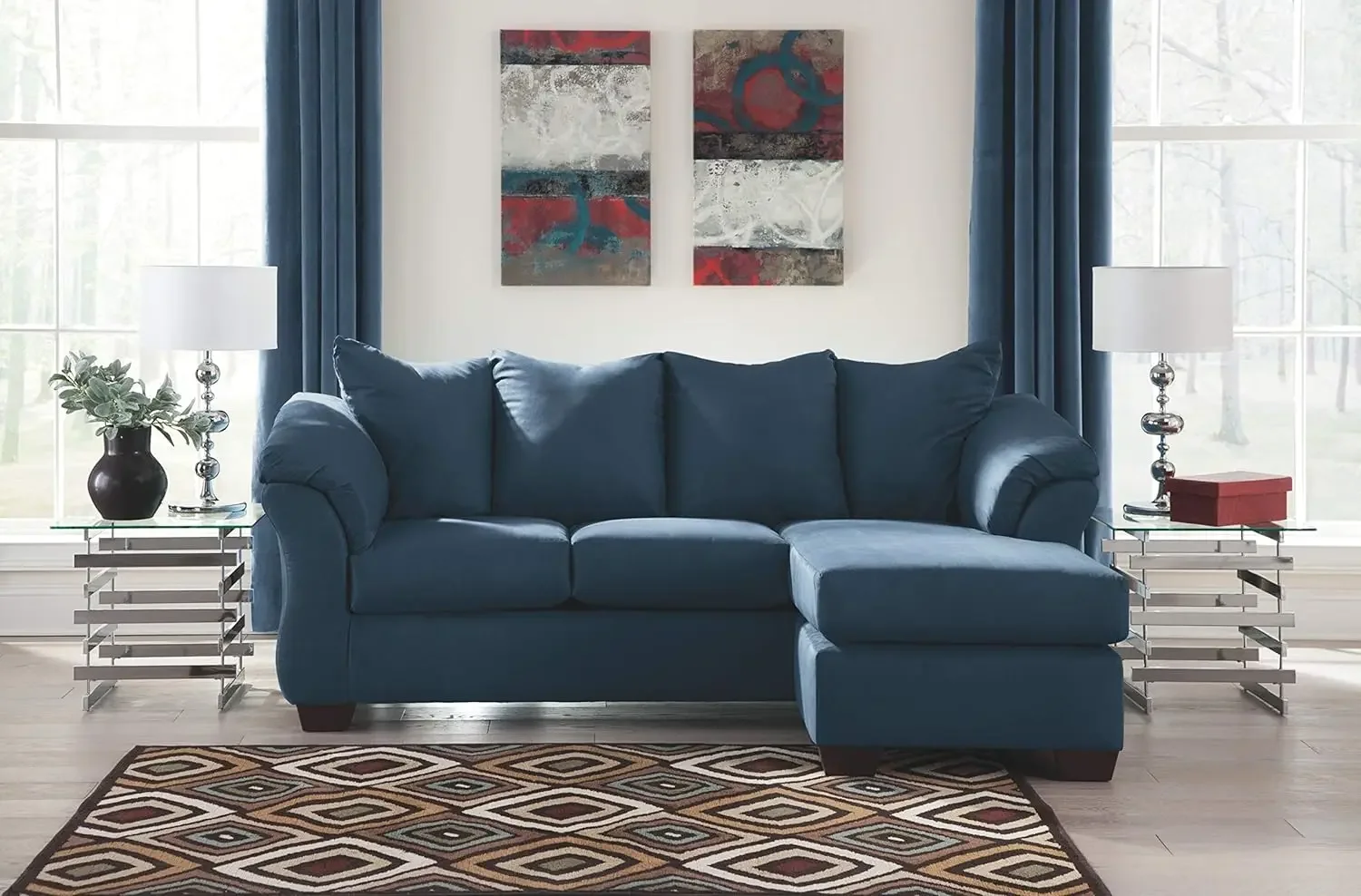 Signature Design by Ashley Darcy Plush Sectional Sofa Couch with Convertible Chaise, Dark Blue