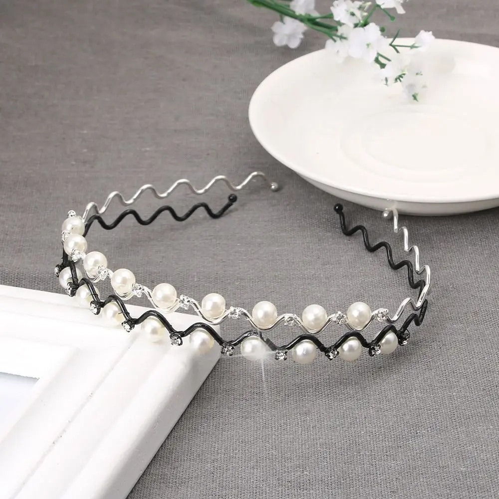 

Fashion Head Chain Accessories Wedding Jewelry Rhinestone Metal for Women Headwear Pearl Crystal Wave Hairband Black Silver