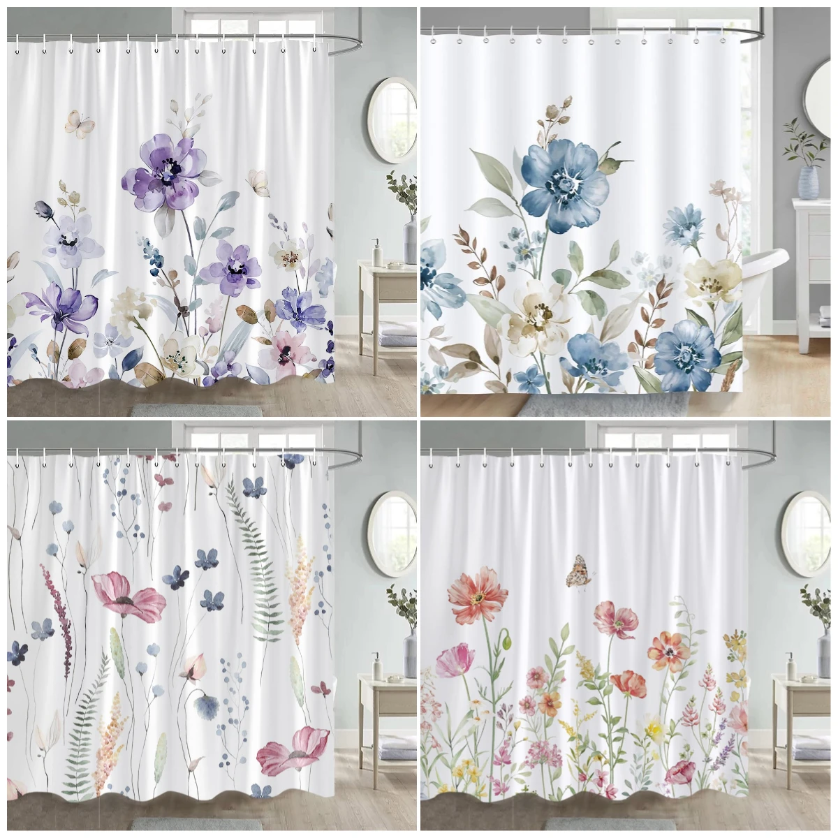 Floral Shower Curtains Watercolour Blue Purple Flowers Butterfly Leaves Plant Bath Curtain Polyester Bathroom Decor with Hooks