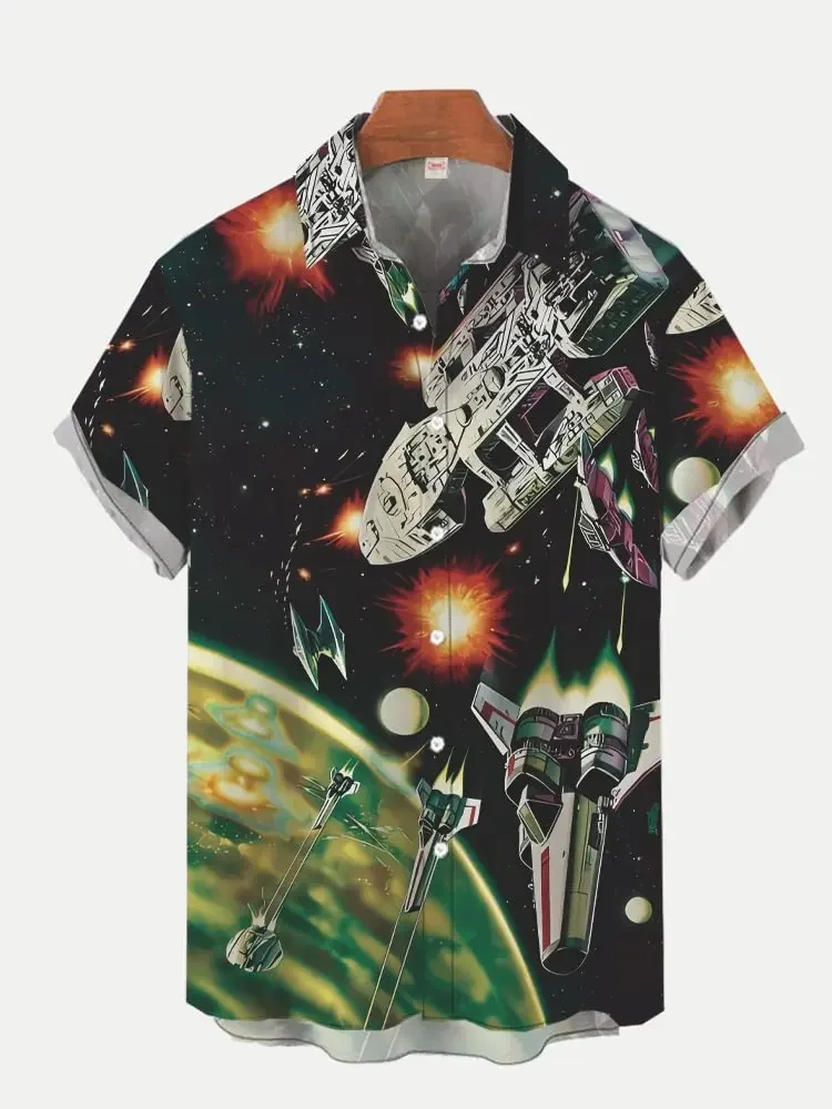 2024 Summer New Sci-Fi Space War Robot and Warrior Legion Printed Short Sleeve Shirt Retro Street Men\'s Lapel Button Shirt