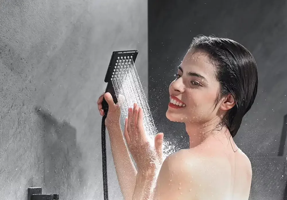 HLK Black Concealed Shower Set with Temperature Control Wall Spray Waterfall Spout Ideal for Bathroom and Hotel Use All Copper