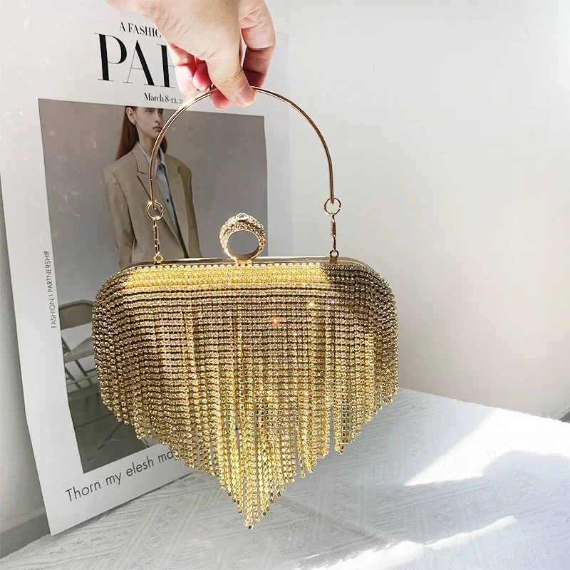 

Luxury Rhinestone Tassels Clutch Bags Women's One Side Beading Blingbling Gold Handbag Ladies Formal Wedding Party Evening Purse