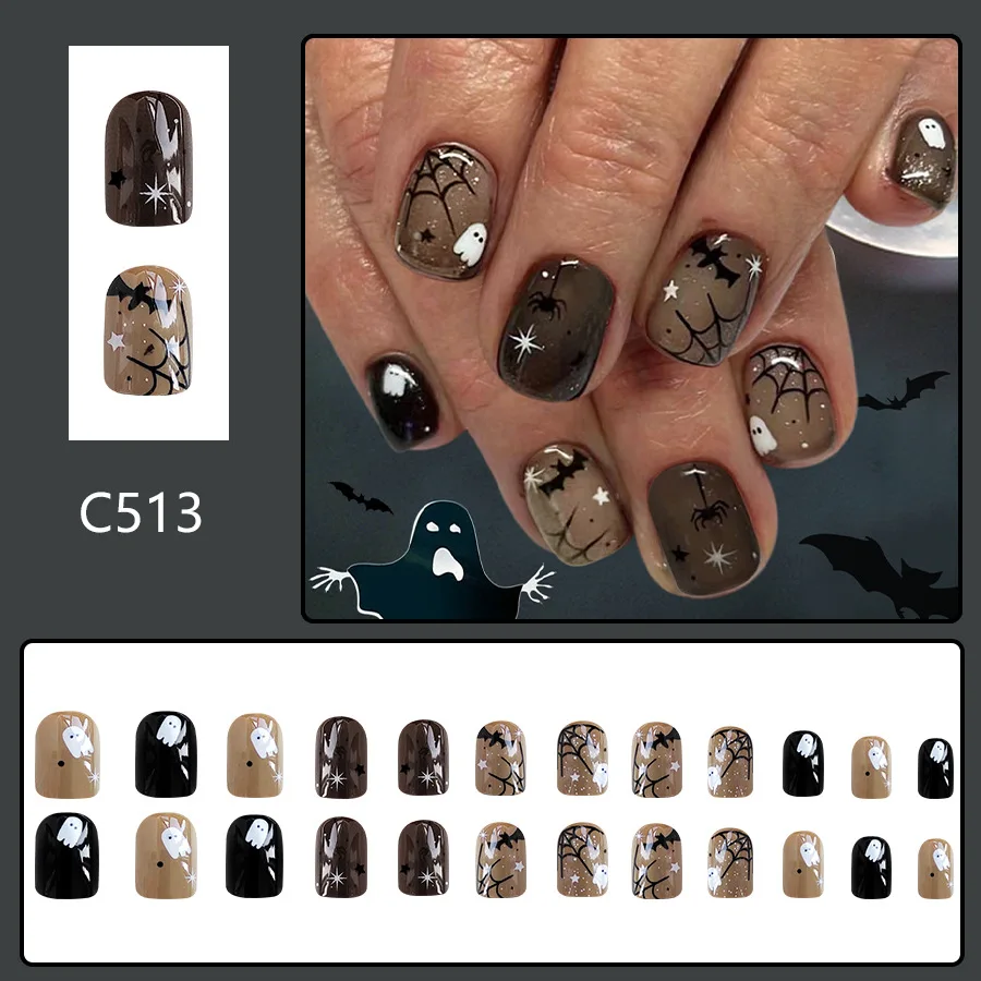

24pcs Halloween Press on Nails Spider Web Ghost Bat Dark Full Coverage Nail Tips for Women&Girl Removable Wearable False Nail
