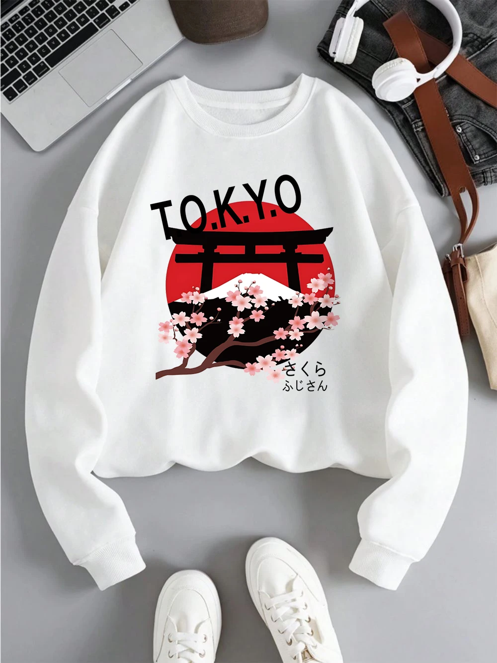 Tokyo Harajuku Sweatshirt Womens Cherry Blossoms Printing Hoodies Crewneck Loose Fleece Warm Tops Winter Sporty Woman Clothes