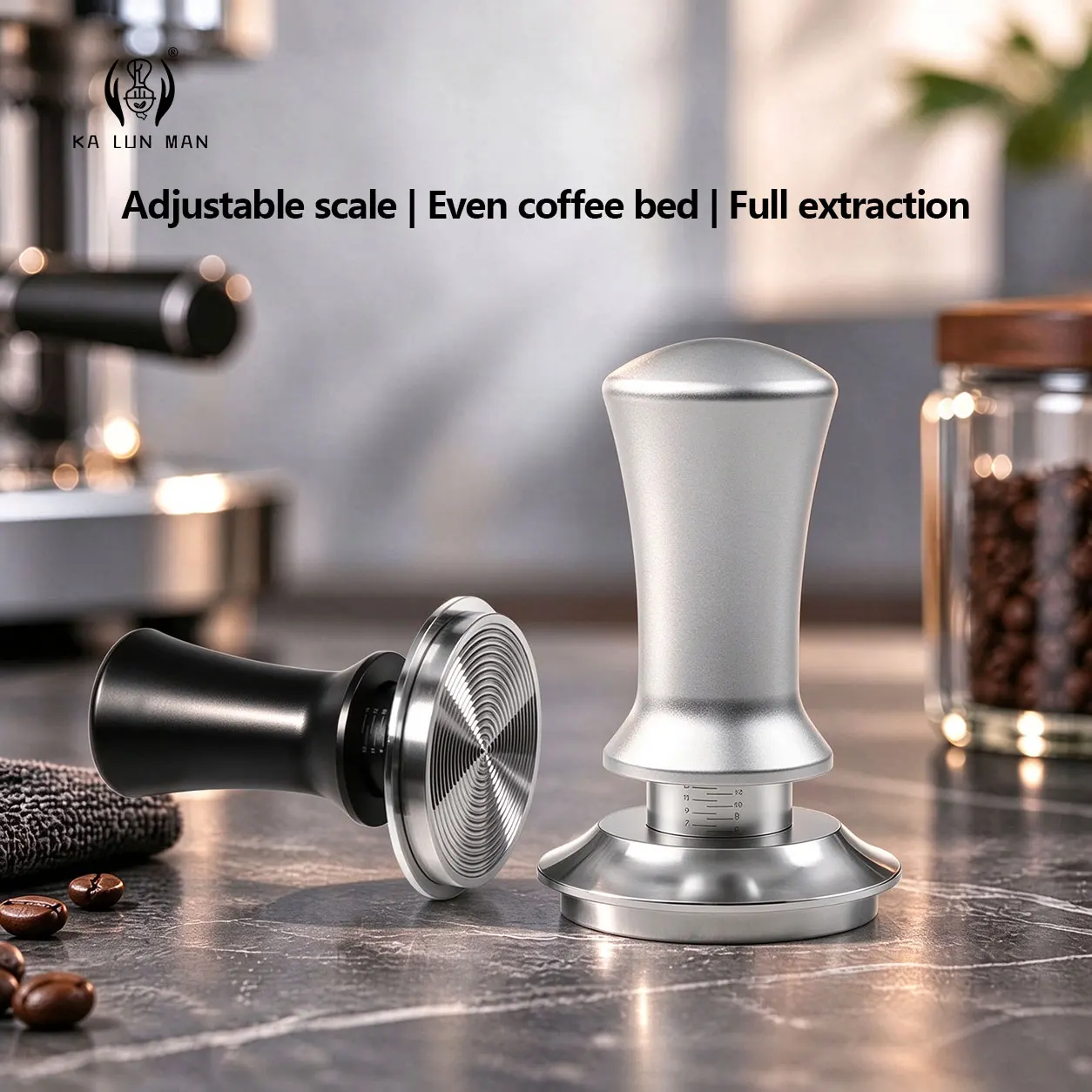 Espresso Tamper, Stainless Steel Threaded Bottom, Aluminum Alloy Body, Available in Silver and Black, Dimensions: 51.53.58mm.