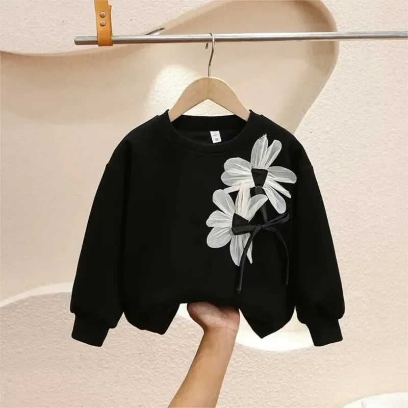 2024 Kids Sweatshirt Infant Toddler Hoodie Baby Girl Princess Lace Flower Cotton White Black Baby Clothes Autumn Children Top