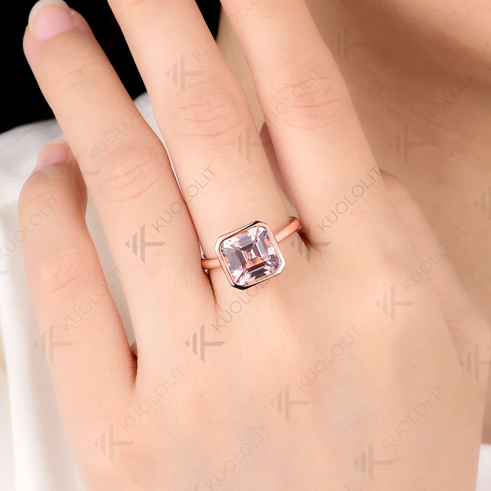 Solid 14K 585 Rose Gold Fine Ring Women 3.5CT Lab Grown Pink Sapphire Asscher Cut, Luxury Wedding Band, Birthday Christmas Gift for Her