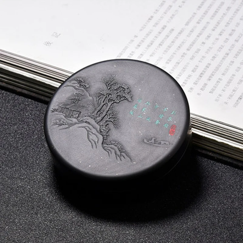 She Yan Ink Stone Chinese Calligraphy Round Inkstone  Natural Stone with Cover