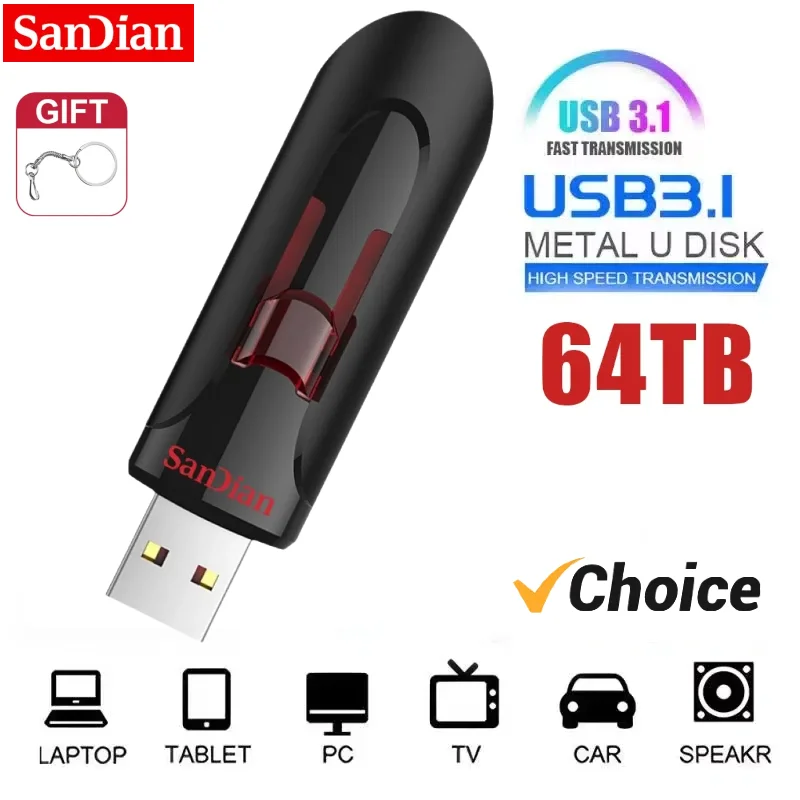 Sandian 64TB USB Flash Drive Metal High-Speed Pen Drive 32TB 16TB Waterproof Type-C Usb PenDrive For Computer Storage Devices