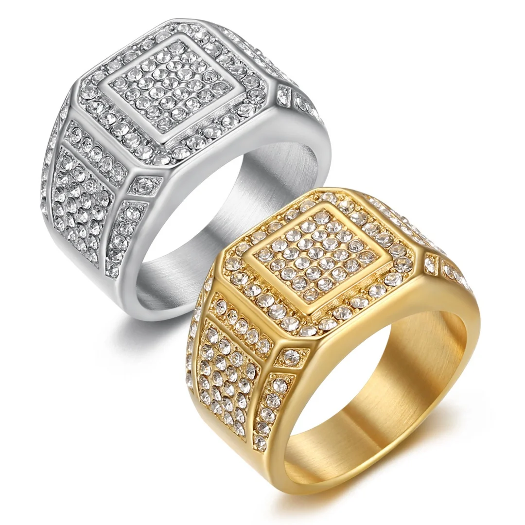 

Men's Ring Chunky 16mm Gold Silver Color Stainless Steel Zirconia Large Square Rapper Ring for Man Hip Hop Jewelry Dropship Bulk
