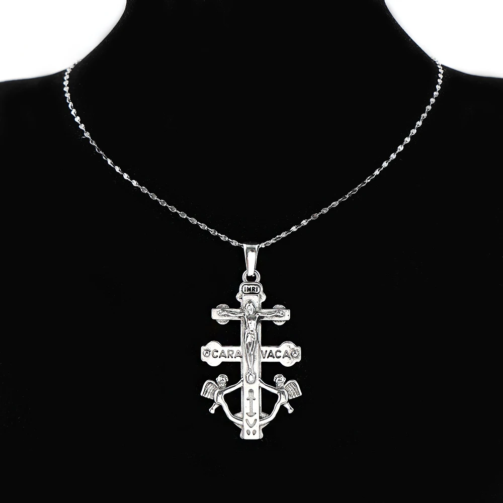 Catholic INRI Caravaca Cross Jesus Crucifix Cherub Angel Pendant Necklace for Women Men Stainless Steel Silver Color Jewelry