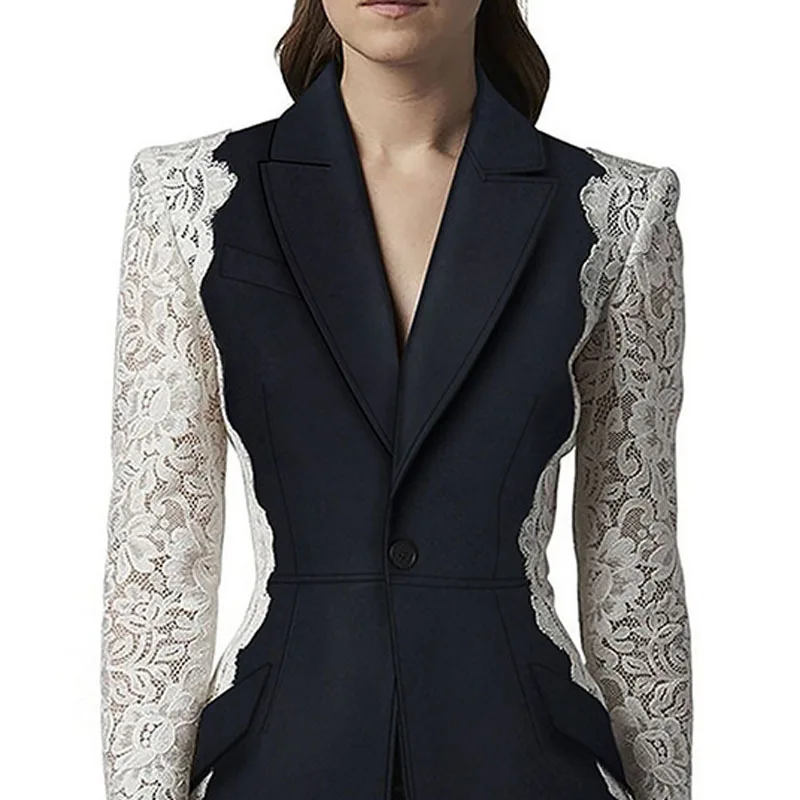 Splicing Colors Women Suit Blazer Lace Black Jacket 1 Piece Elegant French Haute Couture  One Button Coat In Stock