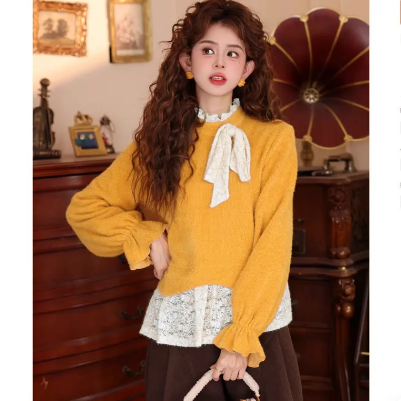 Women Fake Two Piece Knit Top Bow Decor Lace Patchwork Flare Sleeve Casual Pullover
