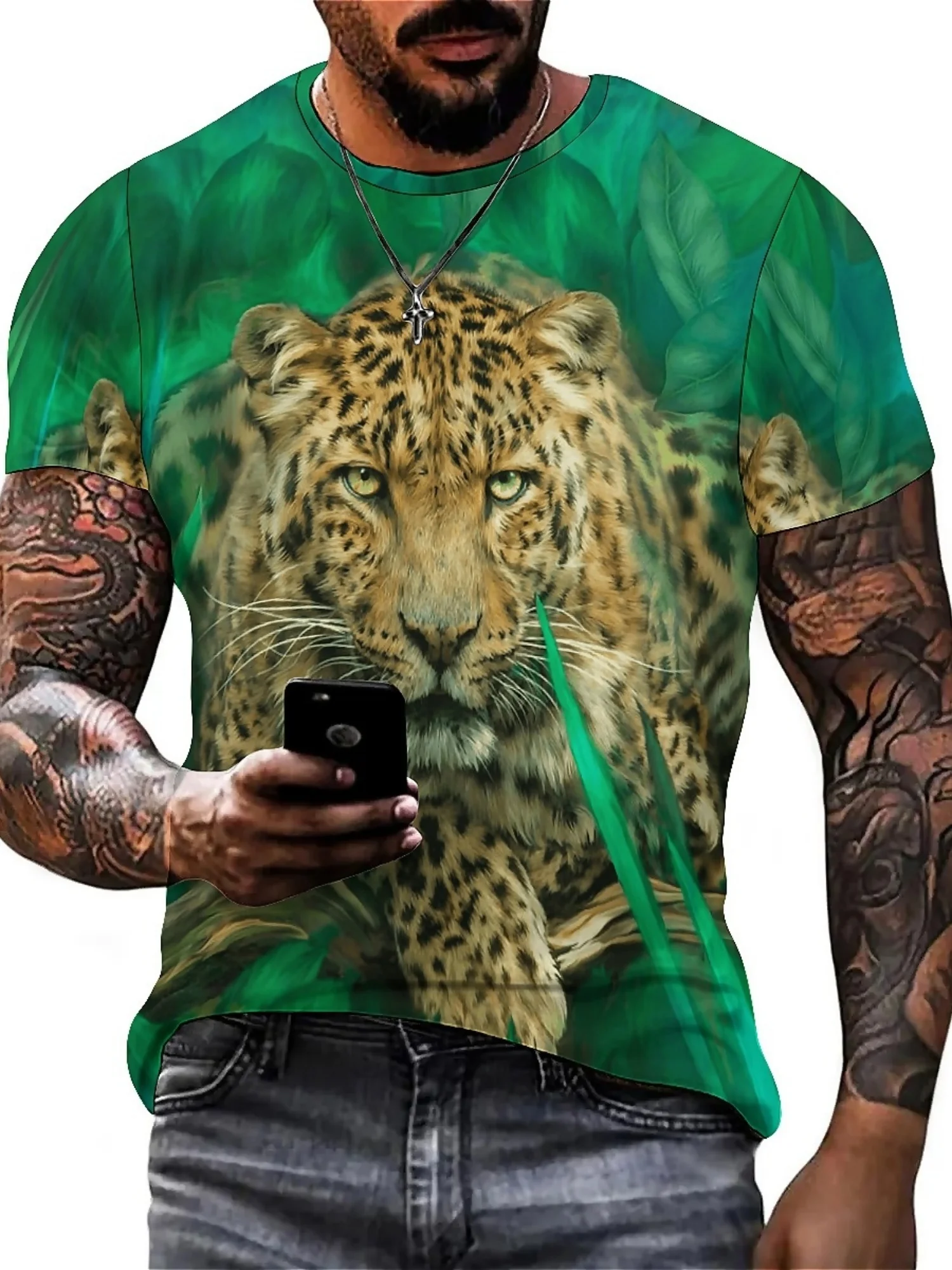 Men'S 3D Print Leopard & Tiger Design T-Shirt - Vibrant Green Jungle Animal Pattern, Short Sleeve, Polyester, Casual Summer Tee