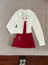 Korean Fashion New Two Piece Skirt Sets Preppy Style Long Sleeve White Slim Shirt Tops + High Waist A Line Pleated Mini Skirt