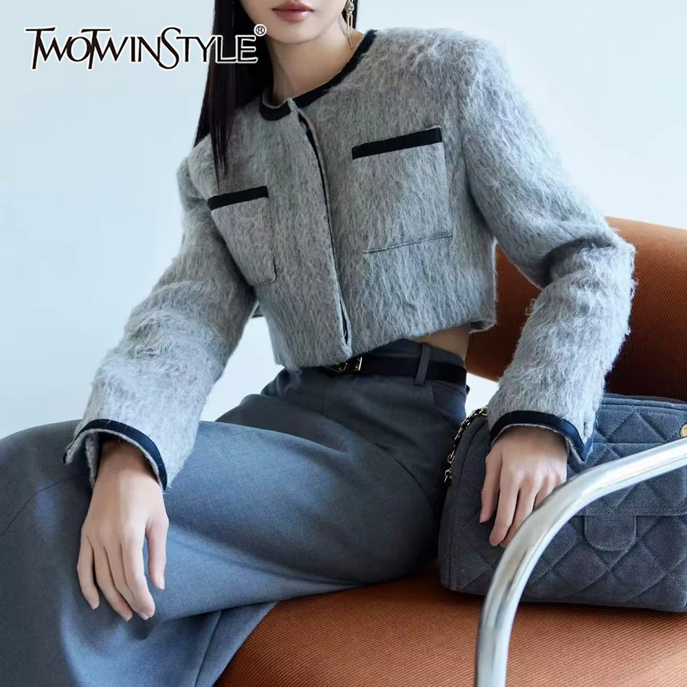 

TWOTWINSTYLE Gray Spliced Pocket Luxury Jacket Female O Neck Long Sleeve Loose High End Women's Jackets Autumn Fashion Clothing