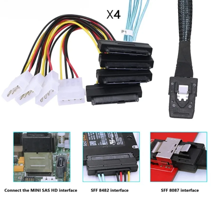 

Mini SAS Cable SFF 8087 To 4 SFF -8482 Large 4PIN 15pin Power Hard Disk Data Cable SFF-8087 Host To 4 SAS 29Pin SFF8482 Cable