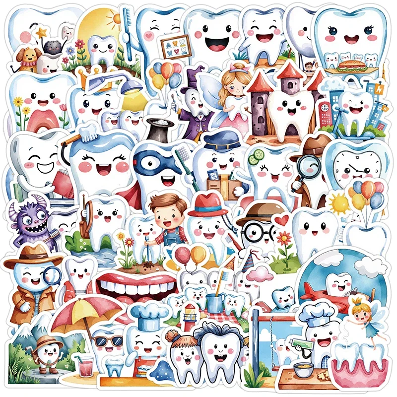 50PCS Cartoon Protect Tooth Graffiti Stickers Decorative Stationery Diary Guitar Bike Kids  Brush Teeth Care Decals Toys Gift
