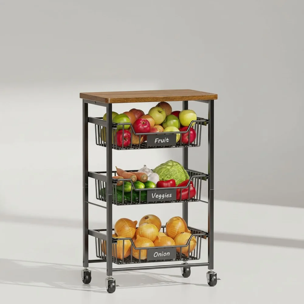 

4-х уровневая кухонная тележка на колесиках с выдвижными корзинами и деревянной столешницей — органайзер для хранения фруктов, овощей, кладовой