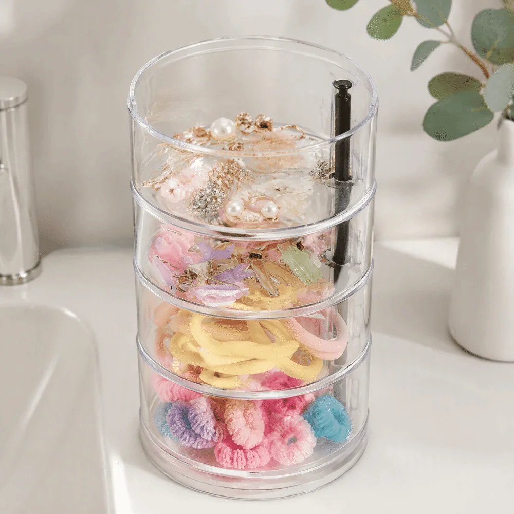 Transparent Plastic Hair Accessory Organizer Rotatable Base Stackable Rotatable Storage Box Compact Size Four‑layer