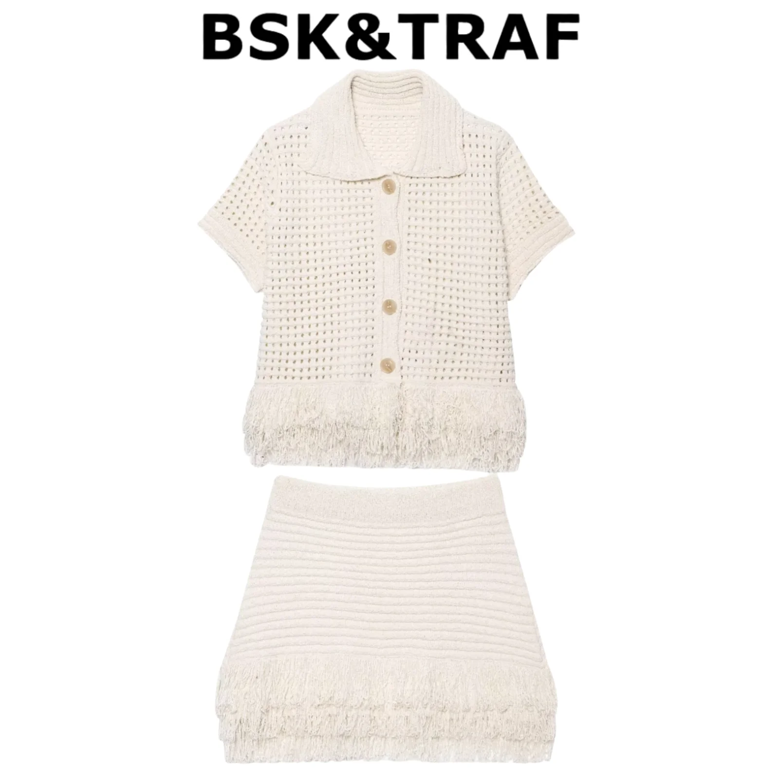 

BSK&TRAF2025 Summer New Products Women's Wear Tassel Plaid Lapel Short Sleeve Knitted Jacket + High Waist Mini Skirt
