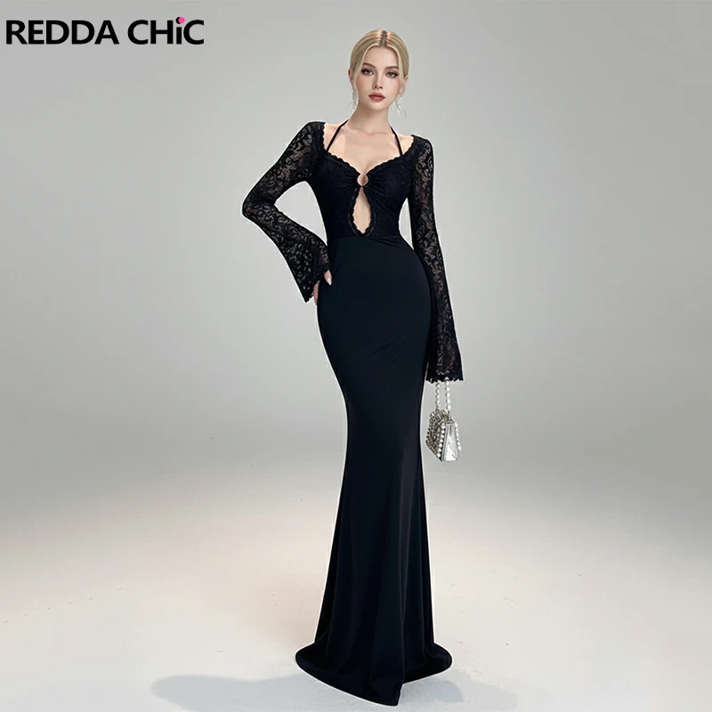 

REDDACHiC Sexy Cut Out Bodycon Dress Black Stitch Lace Off Shoulder Flare Sleeve Backless Halter Fishtail Dress Women Clothes