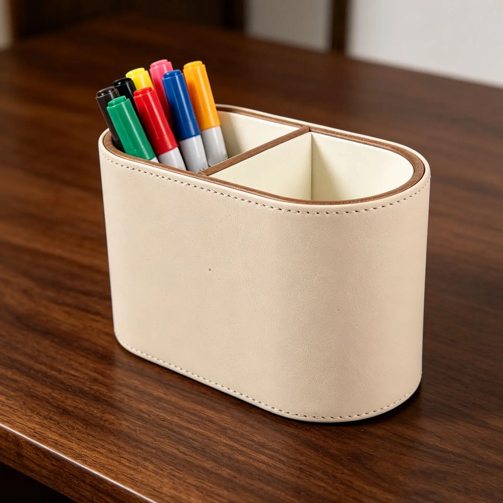 PU Pen Cup Desktop Organizer 2 Compartments Makeup Brush Holder Remote Control Holder Pen Storage for Office Home